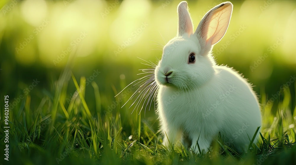 Obraz premium Close-up of a white rabbit in a grassy farm field, its fur bright against the green backdrop, perfectly capturing the essence of rural farm life