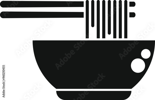Simple black and white vector icon of chopsticks holding noodles over a bowl