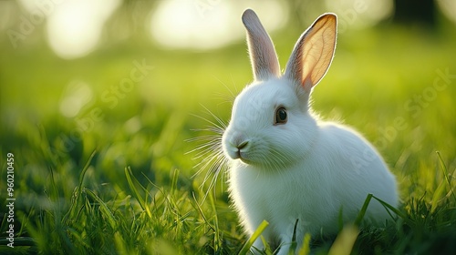 Close-up of a white rabbit in a grassy farm field, its fur bright against the green backdrop, perfectly capturing the essence of rural farm life