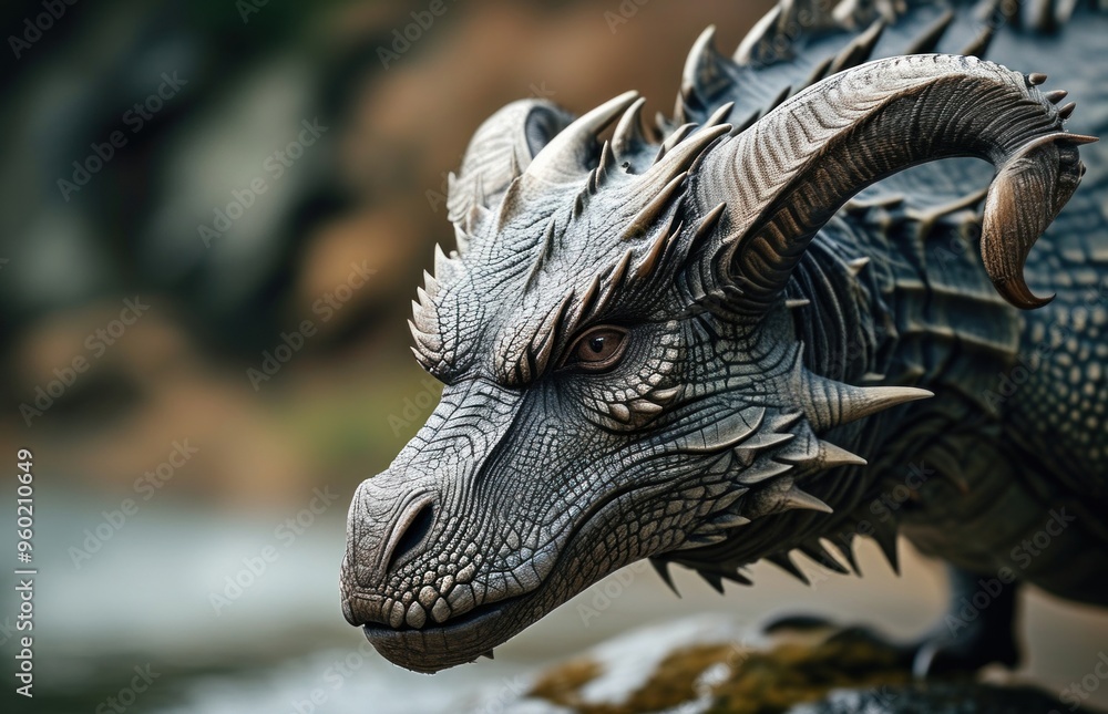 Dragon statue with horns on a rock Dragon statue with horns on a rock