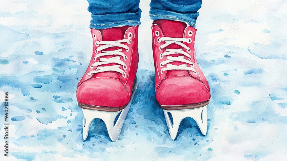 Enchanted ice skates, gliding by themselves on a frozen pond, Christmas night, Watercolor style Enchanted ice skates, gliding by themselves on a frozen pond, Christmas night, Watercolor style