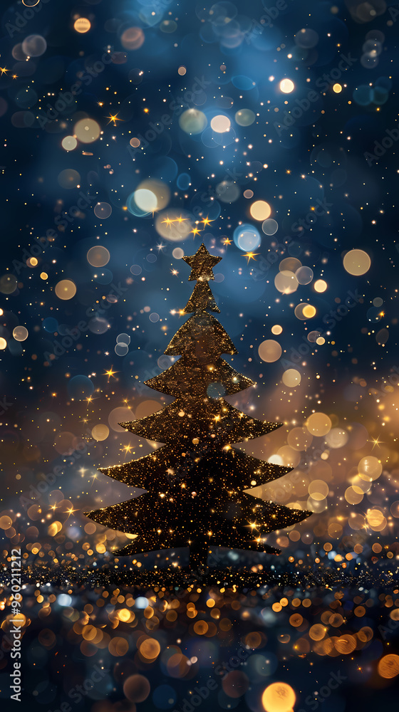 Obraz premium Luxury christmas and happy new year concept background,paper cut style, glittering gold christmas tree with stars on dark blue bokeh background