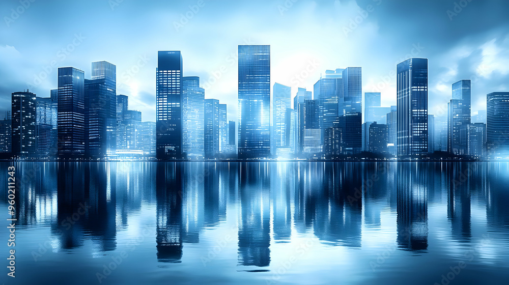 A futuristic city skyline reflected in water at twilight. A futuristic city skyline reflected in water at twilight.