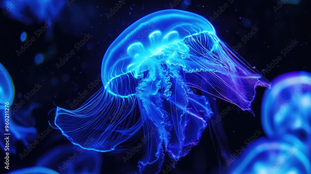Close-up of jellyfish with neon blue illumination highlighting their intricate tentacles, set against a pitch-black aquarium background Close-up of jellyfish with neon blue illumination highlighting their intricate tentacles, set against a pitch-black aquarium background