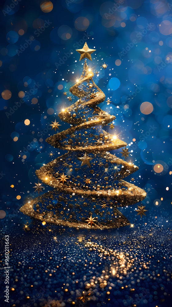 Luxury christmas and happy new year concept background,paper cut style, glittering gold christmas tree with stars on dark blue bokeh background Luxury christmas and happy new year concept background,paper cut style, glittering gold christmas tree with stars on dark blue bokeh background