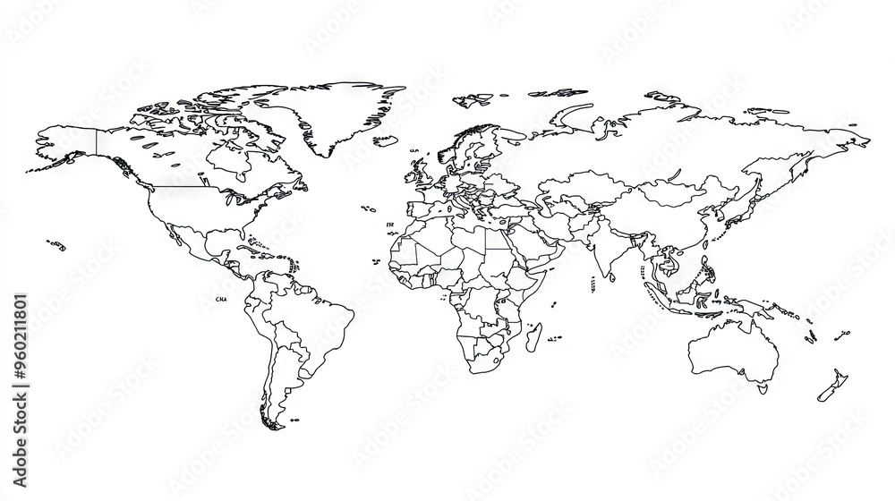 Fototapeta premium A simple and clean world map with outlined continents, isolated on a white background for easy use in presentations.