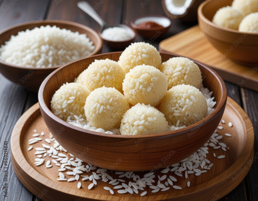 Coconut Rice Balls in Wooden Bowl on Rustic Table Coconut Rice Balls in Wooden Bowl on Rustic Table