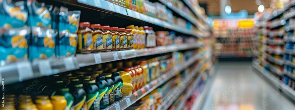 Fototapeta premium Supermarket aisle with various food products displayed on shelves