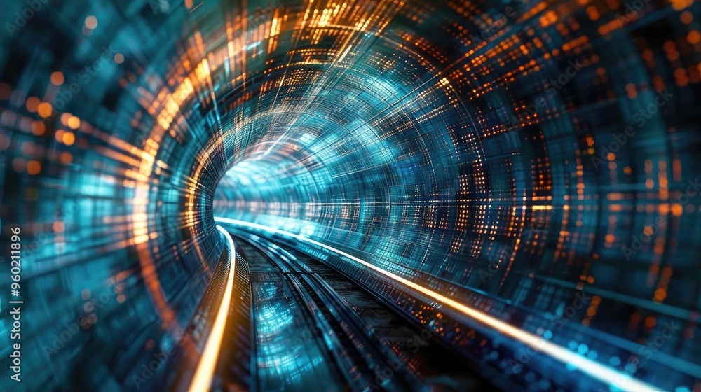 A futuristic tunnel displaying dynamic lights and vibrant colors. Ideal for technology and digital concepts. A futuristic tunnel displaying dynamic lights and vibrant colors. Ideal for technology and digital concepts.