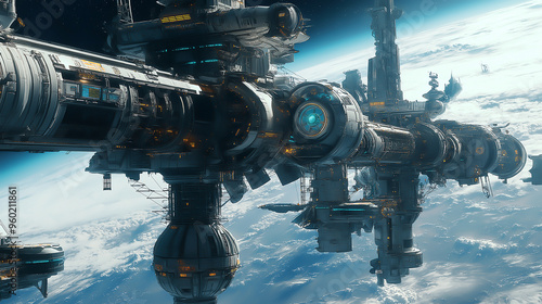 A futuristic space colony with advanced life support systems and robotic assistants