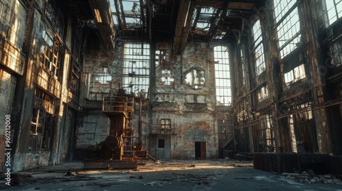 An abandoned industrial space with deteriorating walls and large windows.