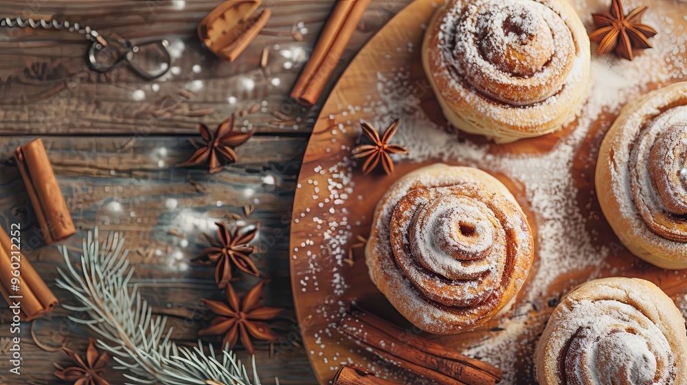 Advertising banner for the presentation of your own baked goods. Top view, appetizing cinnabons with powdered sugar decorated with anise stars on a wooden table. Christmas baking concept Advertising banner for the presentation of your own baked goods. Top view, appetizing cinnabons with powdered sugar decorated with anise stars on a wooden table. Christmas baking concept