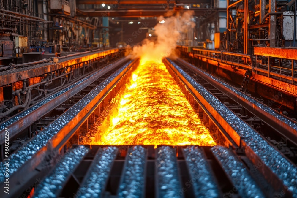 Molten Metal Flowing Through Industrial Conveyor System Molten Metal Flowing Through Industrial Conveyor System