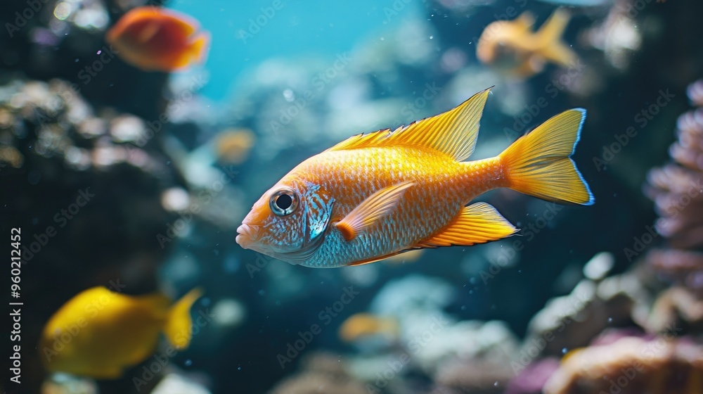 Close-up shot of a group of exotic fish in vivid colors swimming against a backdrop of blue ocean, coral reefs, and sparkling water, capturing the essence of the sea Close-up shot of a group of exotic fish in vivid colors swimming against a backdrop of blue ocean, coral reefs, and sparkling water, capturing the essence of the sea