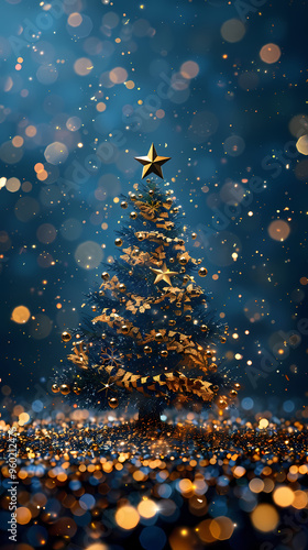 Luxury christmas and happy new year concept background,paper cut style, glittering gold christmas tree with stars on dark blue bokeh background