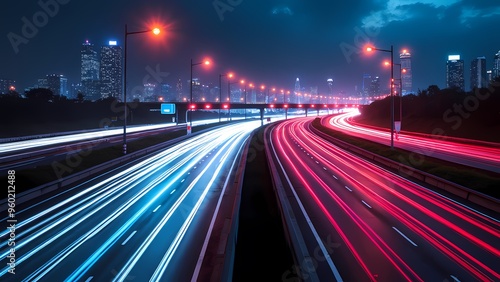 Modern City Highway with Dynamic Light Trails and Reflections