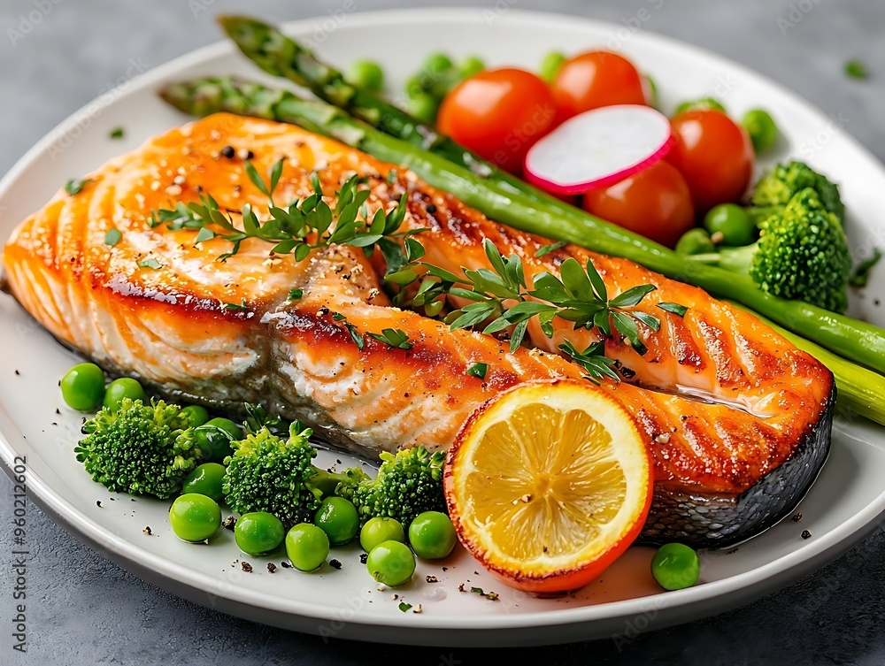 Photo of Seared Salmon with Asparagus and Vegetables - Healthy Eating Delight Photo of Seared Salmon with Asparagus and Vegetables - Healthy Eating Delight