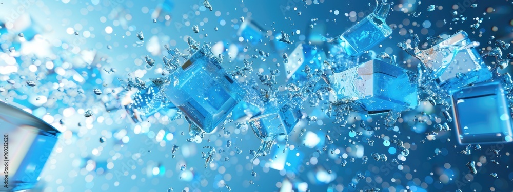 Falling ice cube with water drops splashing abstract background Falling ice cube with water drops splashing abstract background