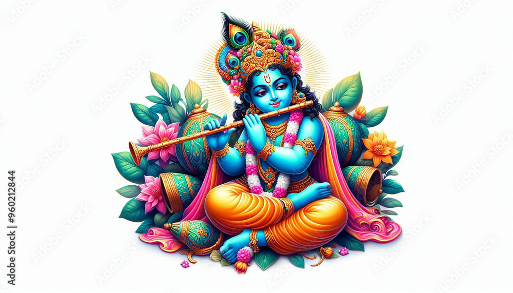 A portrait of god Krishna in a vibrant color style texture in white background, copy space A portrait of god Krishna in a vibrant color style texture in white background, copy space