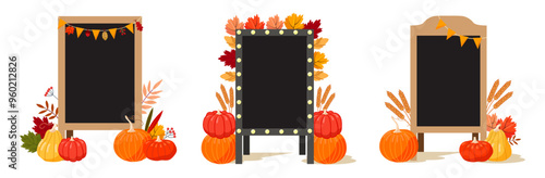 Set of empty restaurant outdoor menu black boards with festive autumn decor of pumpkins, ears, leaves. Vector illustration.