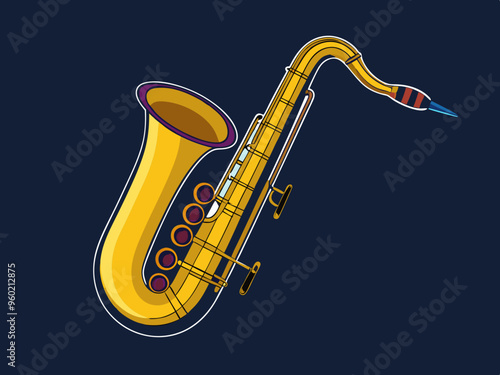 Bass saxophone line drawing cartoon style. Brass instrument bass saxophone clipart drawing in linear style isolated on white and chalkboard background. Musical wind instrument clipart concept, vector
