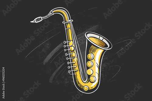 Bass saxophone line drawing cartoon style. Brass instrument bass saxophone clipart drawing in linear style isolated on white and chalkboard background. Musical wind instrument clipart concept, vector
