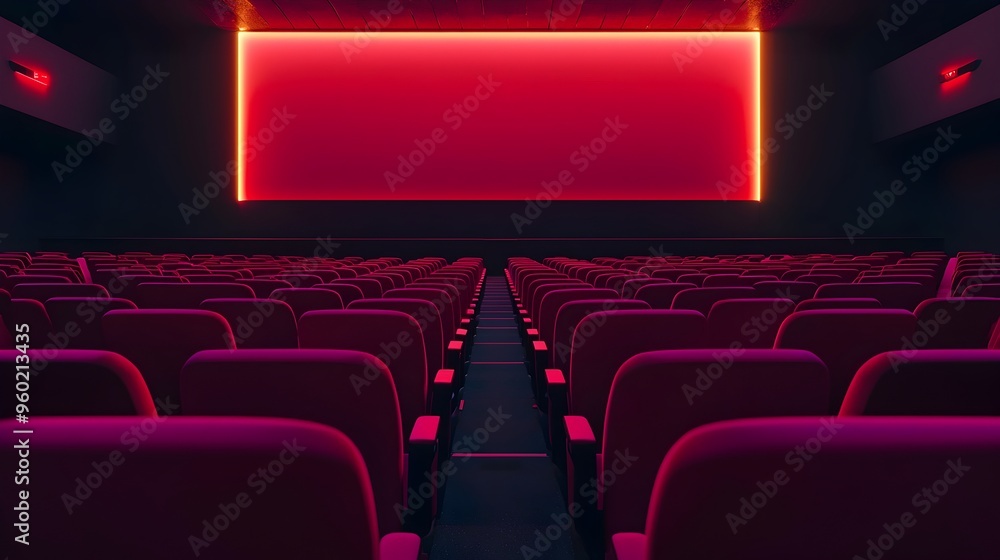 Fototapeta premium Ambient Movie Theater Screen with Empty Red Seating and Lighting