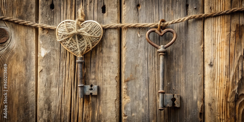 Skeleton key and rope hearts hanging on old rustic wooden door Skeleton key and rope hearts hanging on old rustic wooden door