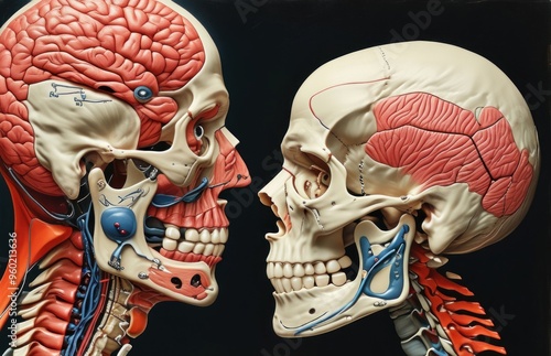 Close-up of a human head beside a skeleton head