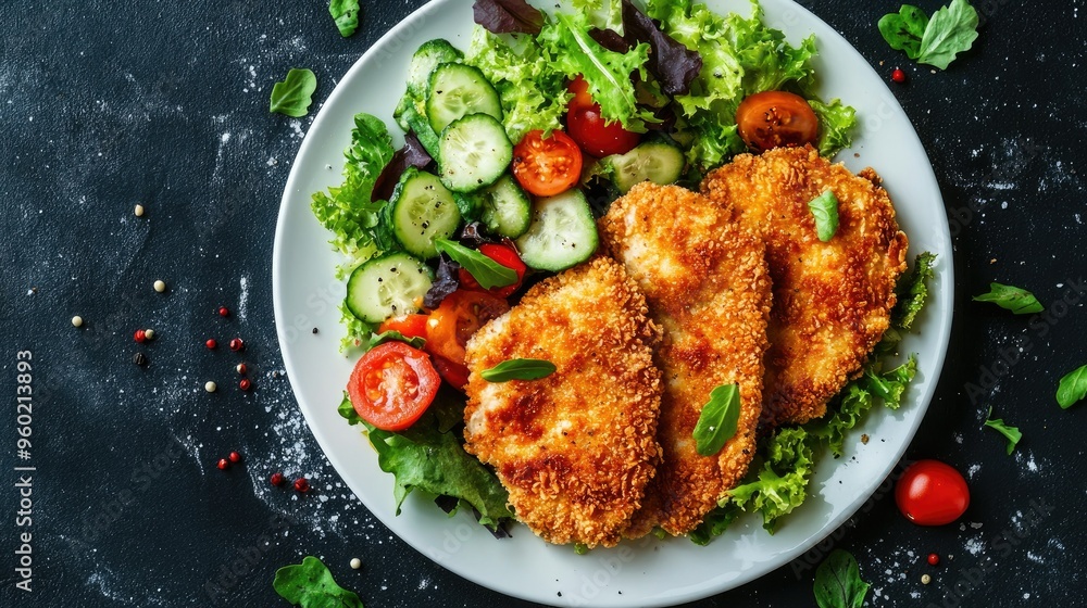 Crispy chicken schnitzel served with a fresh vegetable salad on a white plate over a dark background. Top view, showcasing a delicious and balanced meal Crispy chicken schnitzel served with a fresh vegetable salad on a white plate over a dark background. Top view, showcasing a delicious and balanced meal