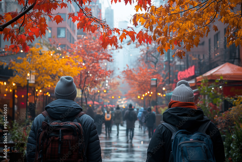 Fototapeta premium An urban street scene with people walking in warm coats and scarves, surrounded by a canopy of colorful autumn leaves.