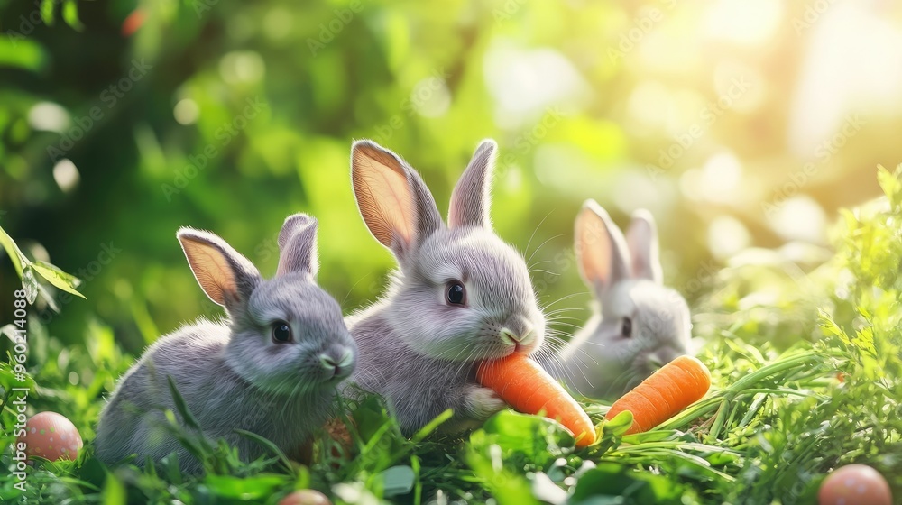 Cute baby bunnies with fluffy fur eating carrots and grass on a lush green garden background. Rabbits playfully hopping and sniffing the air. Easter symbols. Cute baby bunnies with fluffy fur eating carrots and grass on a lush green garden background. Rabbits playfully hopping and sniffing the air. Easter symbols.