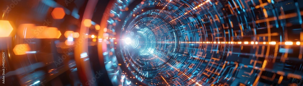 A stunning abstract image of a futuristic tunnel filled with vibrant lights, evoking a sense of wonder and technological advancement.