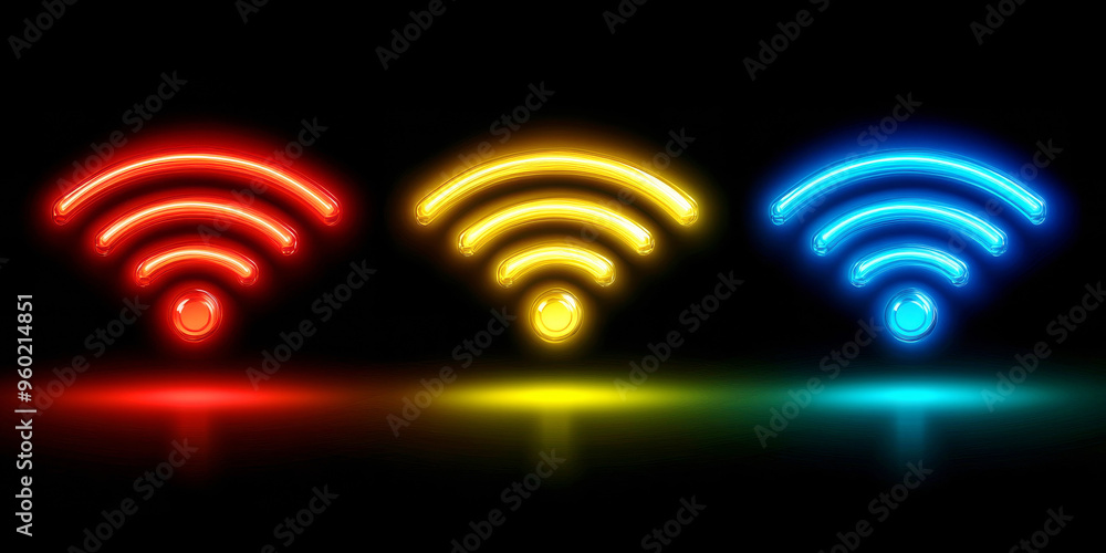 Colorful Wifi Signal Icons Glowing in Red, Yellow, and Blue on a Dark Background Colorful Wifi Signal Icons Glowing in Red, Yellow, and Blue on a Dark Background