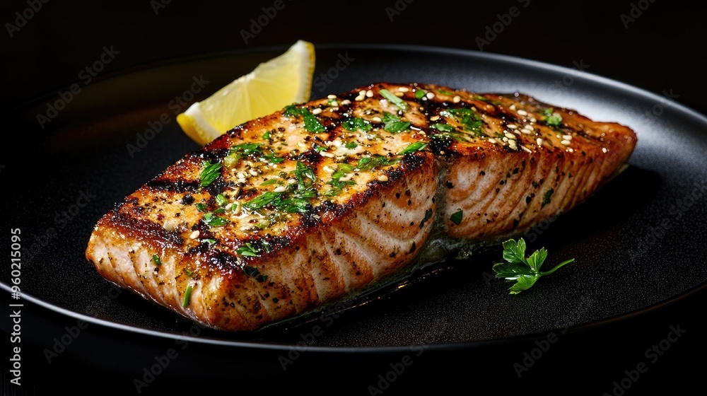 Delicious Japanese salmon burnt steak with a crispy golden crust, isolated against a black background, garnished with fresh herbs and a wedge of lemon Delicious Japanese salmon burnt steak with a crispy golden crust, isolated against a black background, garnished with fresh herbs and a wedge of lemon