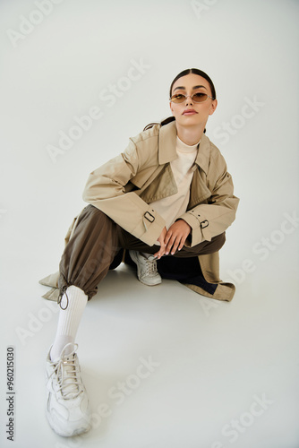 A young woman poses confidently in a chic autumn outfit, blending elegance with modern style in a studio.