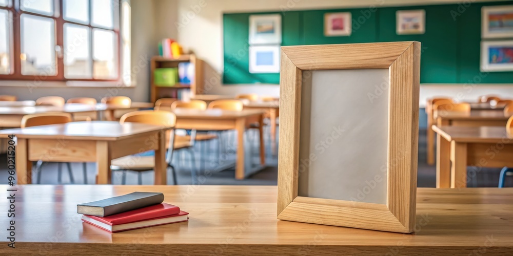 Wooden frame standing on teacher desk in classroom setting Wooden frame standing on teacher desk in classroom setting
