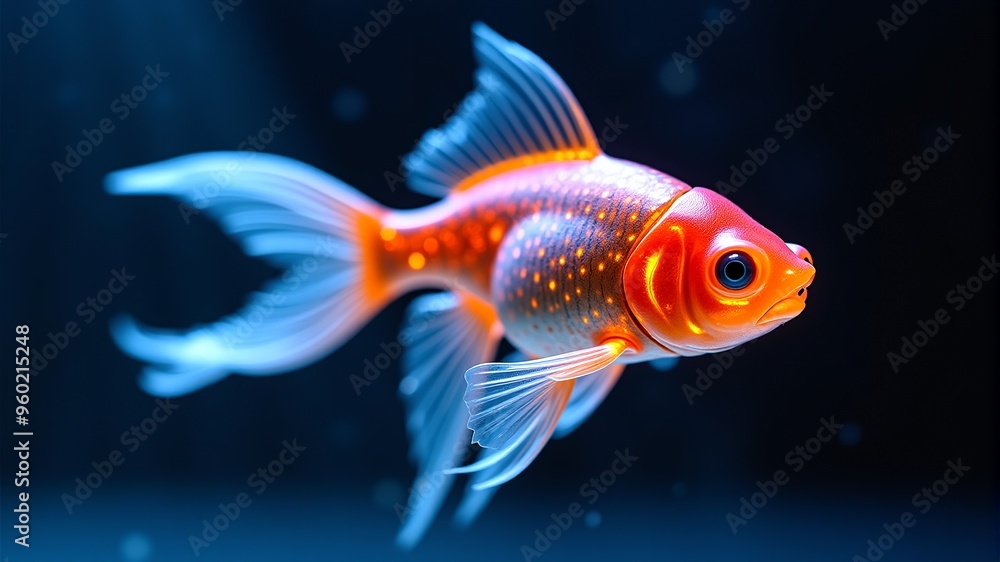 a goldfish with orange and white spots is swimming in a dark blue water. a goldfish with orange and white spots is swimming in a dark blue water.