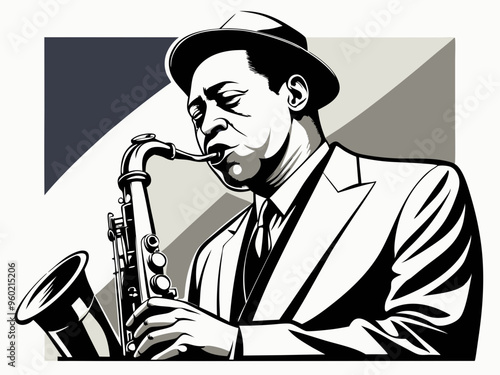 Jazz saxophonist black and white poster. Advertisement of a postcard of a musical event. Vector flat illustration
