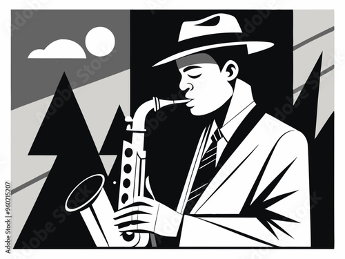 Jazz saxophonist black and white poster. Advertisement of a postcard of a musical event. Vector flat illustration
