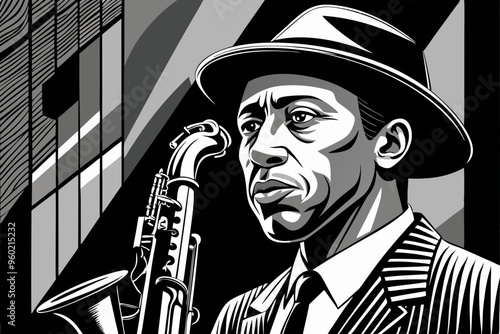 Jazz saxophonist black and white poster. Advertisement of a postcard of a musical event. Vector flat illustration
