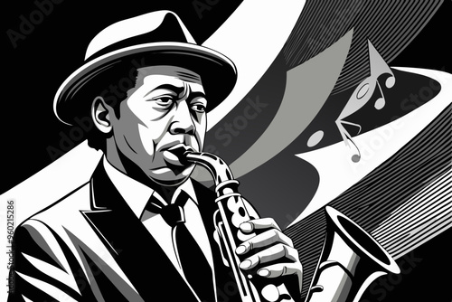 Jazz saxophonist black and white poster. Advertisement of a postcard of a musical event. Vector flat illustration
