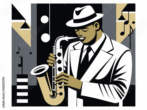 Jazz saxophonist black and white poster. Advertisement of a postcard of a musical event. Vector flat illustration
