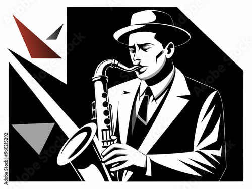 Jazz saxophonist black and white poster. Advertisement of a postcard of a musical event. Vector flat illustration
