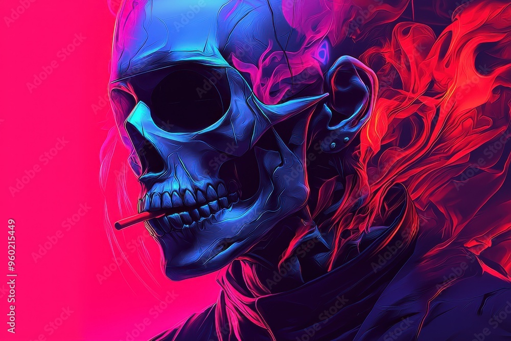 Skull with cigarette surrounded by neon red and blue light, dark mysterious concept Skull with cigarette surrounded by neon red and blue light, dark mysterious concept