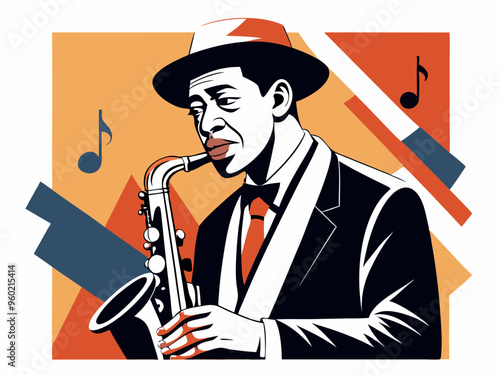 Jazz saxophonist black and white poster. Advertisement of a postcard of a musical event. Vector flat illustration
