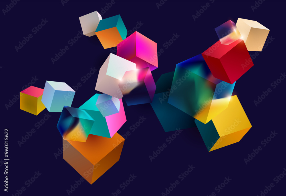 Color and glass 3D cubes. Abstract background of geometric shapes. Color and glass 3D cubes. Abstract background of geometric shapes.