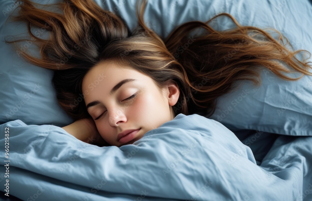 Woman resting in bed with blue bedding. Woman resting in bed with blue bedding.