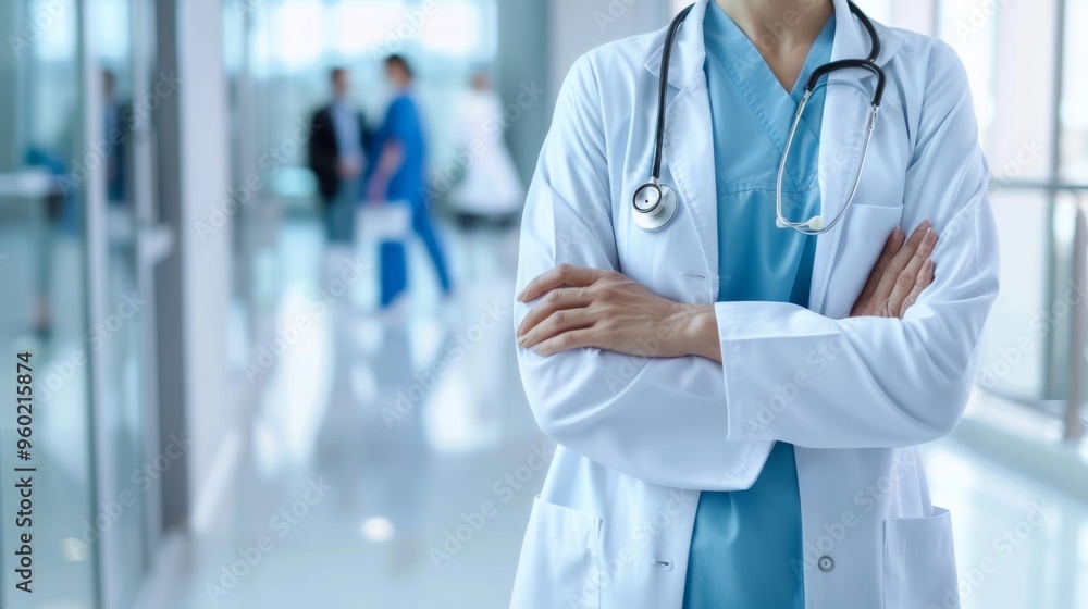 Doctor with Crossed Arms in Hospital Corridor Doctor with Crossed Arms in Hospital Corridor