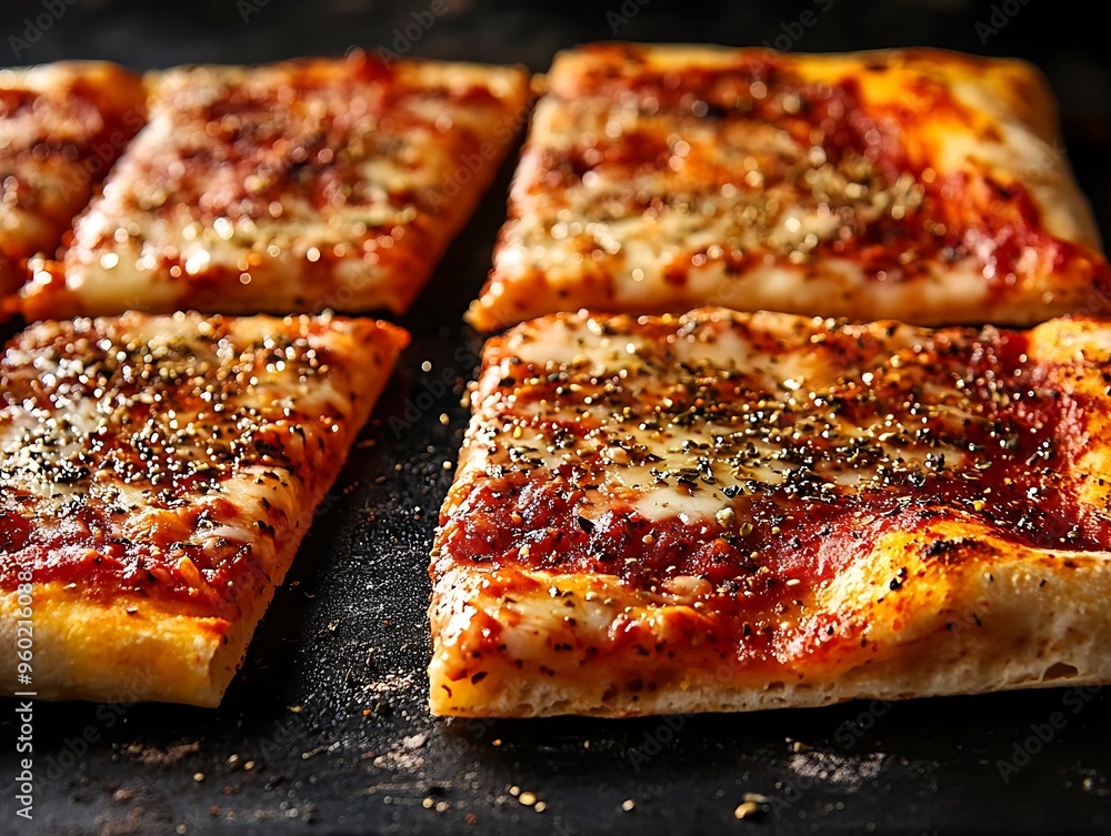 Delicious Square Pizza Slices with Melted Mozzarella and Herbs - Photo Delicious Square Pizza Slices with Melted Mozzarella and Herbs - Photo